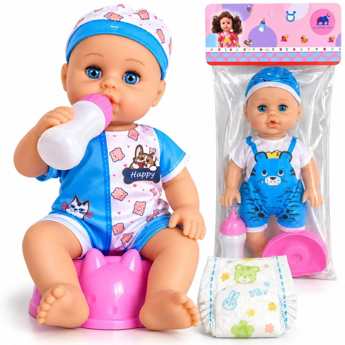 Păpușa bebe 34 cm cu biberon, scutec și oliță