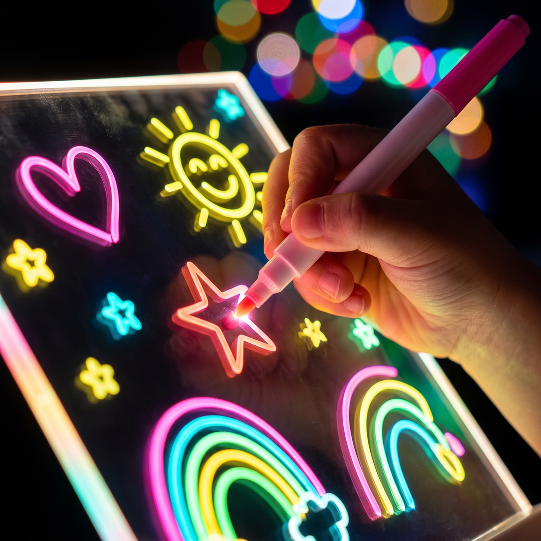 Copil care desenează cu markerul fluorescent pe tabla LED