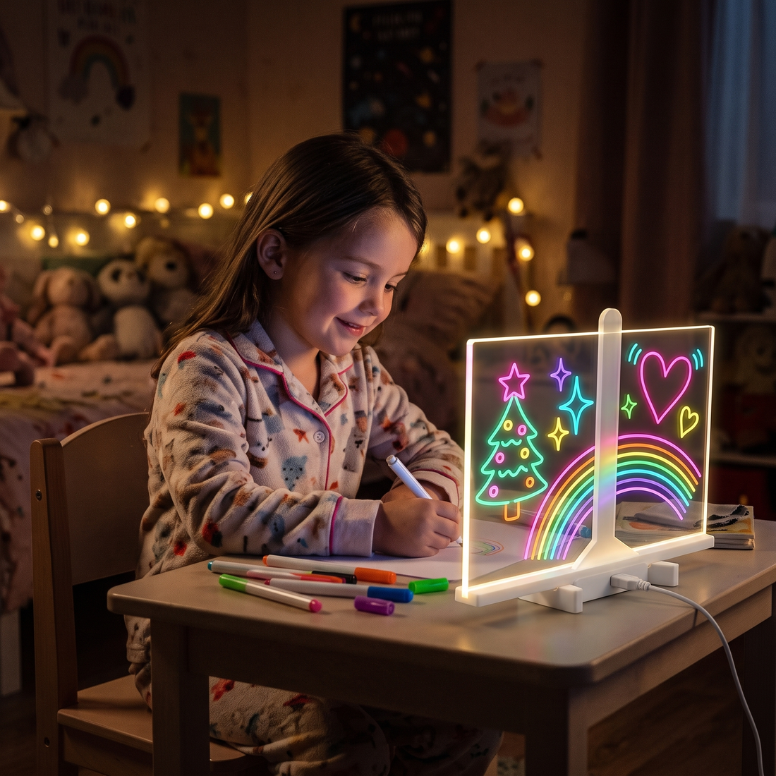 Fetiță care desenează pe tabla magică LED, cu desenele care strălucesc în întuneric